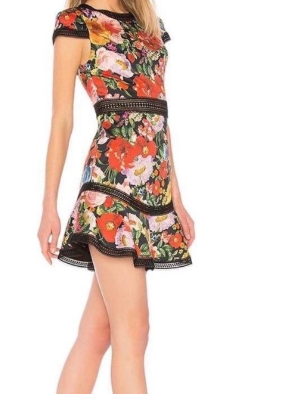 Alice + Olivia Rapunzel Floral Print Lace Trim Fit & Flare Dress Size 2